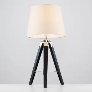 ValueLights Clipper Modern Black Wood and Silver Chrome Tripod Table Lamp with Beige Light Shade