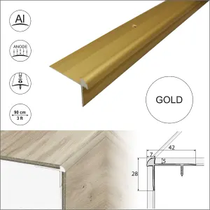 C29 42 x 28mm Anodised Aluminium LVT Stair nosing Edge Profile For 5mm Flooring - Gold, 0.9m