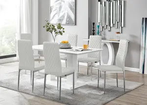 Imperia White High Gloss 6 Seater Dining Table with Structural 2 Plinth Column Legs 6 White Stitched Faux Leather Milan Chairs