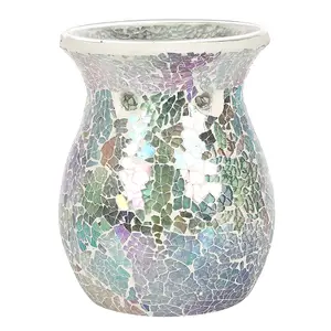 Light Blue Iridescent Glass Flared Oil, Wax Melt Burner. Mirrored Crackle Effect. H14 cm