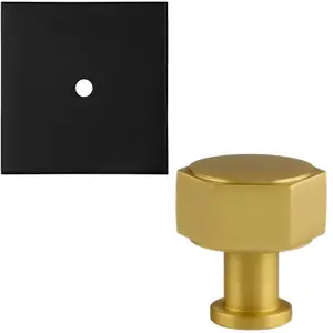 Cabinet Door Knob & Contrasting Backplate Set - Hex Kitchen Pull - Satin Brass & Matt Black