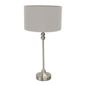 ValueLights Maggie Brushed Chrome Candlestick Slim Table Lamp with Grey Fabric Drum Lamp Shade