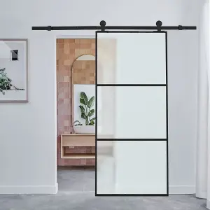 3 Lite Panel Modern Black Glass and Aluminum Sliding Barn Door Internal Door with 6ft Hardware Kit