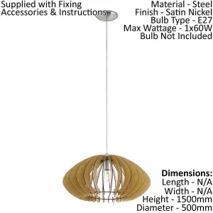 Pendant Ceiling Light Colour Satin Nickel Shade Maple Wood Bulb E27 1x60W