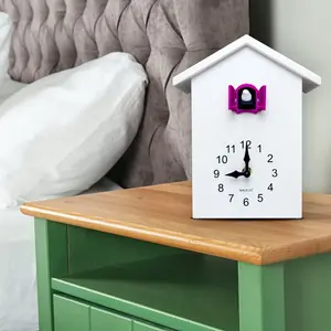 Analog Battery-Operated Alarm Tabletop Cuckoo Clock White/Pink Window