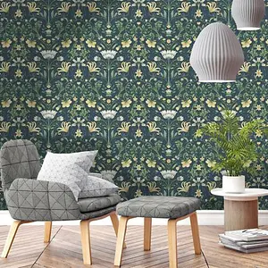 Holden Traditional Vintage Retro Floral Trail Flowers Leaves Navy Blue Wallpaper