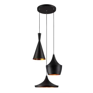 Luminosa Industrial And Retro Hanging Pendant Black 3 Light , E27