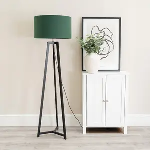 ValueLights Lottie Black Wood Tripod Floor Lamp with Forest Green Drum Shade - LED Bulb Included