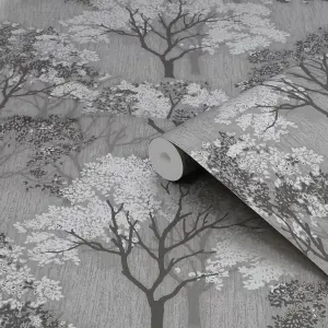 Sublime Woodland Silhouette Mid Grey / Silver Wallpaper