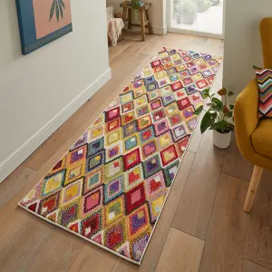 Multi Geometric Modern Easy to Clean Chequered  Rug For Dining Room-80 X 240cmcm (Runner)