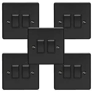 5 PACK 2 Gang Double Metal Light Switch MATT BLACK 2 Way 10A Black Trim