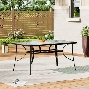 Black Rectangular Tempered Glass Tabletop Metal Outdoor Garden Coffee Table with Parasol Hole 150cm