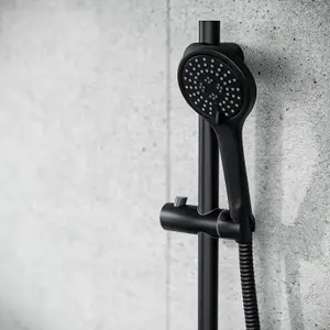 Matt Black Thermostatic Round Bar Mixer Shower Valve + Riser Rail + Head + Hose