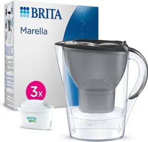 BRITA Marella Water Filter Jug Graphite (2.4L) Starter Pack Incl. 3X MAXTRA PRO All-In-1 Cartridge - Fridge-Fitting Jug With Digital LTI And