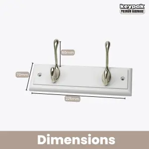 keypak 2-Hook Door Wall Mounted Coat Rack, 22.5cm - White Wooden Board, Satin Nickel Coat Hooks - Fixings Included