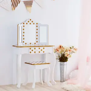 Teamson Kids Dressing Table, Play Vanity Set with Mirror & Stool - White/Gold/Polka Dots