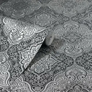 Arthouse Charcoal Black Silver Grey Damask Wallpaper Shimmer Metallic Vinyl