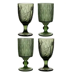 Set of 4 Vintage Luxury Green Embossed Wine Glass Goblets & Trailing Leaf Drinking Tumbler Glasses 230ml