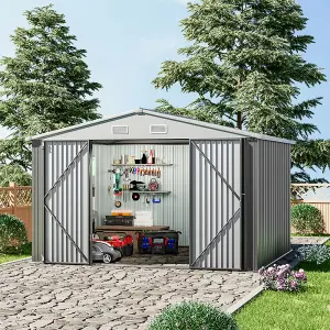 10x8ft Metal Shed Garden Storage Shed Apex Roof Double Lockable Door,Grey