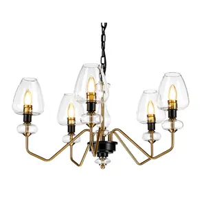 Elstead Armand 5 Light Chandelier, Aged Brass, Glass Shade