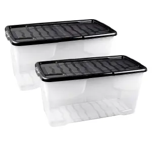 2 x 42 Litre Clear Transparent Base Stackable Curve Plastic Storage Boxes With Black Lids