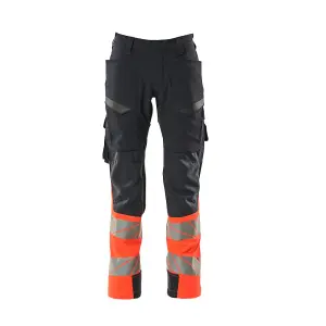 Mascot Accelerate Safe Ultimate Stretch Trousers with Thigh Pockets - Dark Navy/Hi-Vis Red   (35.5) (Leg Length - Regular)