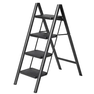 Black 4 Step Ladder Folding Metal Non Slip Stool Heavy Duty Carbon Steel