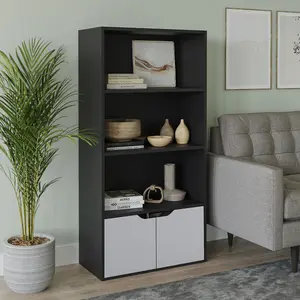 URBNLIVING Height 118Cm 4 Tier Wooden Bookcase Cupboard with Doors Storage Shelving Display Colour Black Door Grey Cabinet Unit