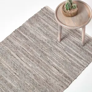 Homescapes Grey Real Leather Handwoven Diamond Pattern Rug, 120 x 180 cm