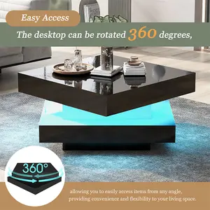 Black Square High Gloss Coffee Table with Rotating Top, Tea Table with 16-Color LED light, 70x70x36 cm