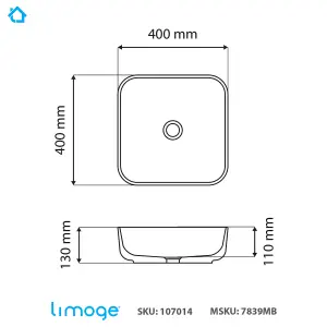 7839 Ceramic 40cm Vert Square Countertop Basin in Matte Black