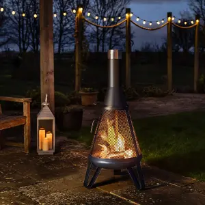 Black Miami Chimenea - Metal Outdoor Garden Patio Log Wood Burner Fire Pit Bowl with Stainless-Steel Flue Cap - Small, H125 x 50cm