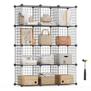 SONGMICS 12-Cube Wire Grid Storage Rack, Interlocking Shelving Unit with Metal Mesh Shelves and PP Plastic Sheets