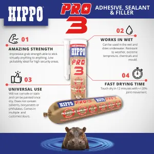 Hippo PRO 3 Adhesive, Sealant & Filler 290ml - Grey