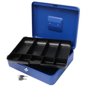 Lockable 12" Steel Cash Box - Money Organiser Safe with Note & Coin Tray, Cylinder Lock & Carry Handle - H9 x W30 x D24cm, Blue