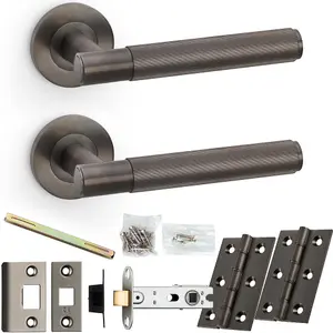 Door Handle & Latch Pack - Dark Bronze - Straight Reeded Lined Lever On Round Rose