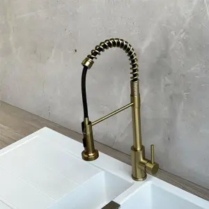 Liquida CT595BR Brushed Brass Spring Kitchen Mixer Tap With Pull Out Spray Head