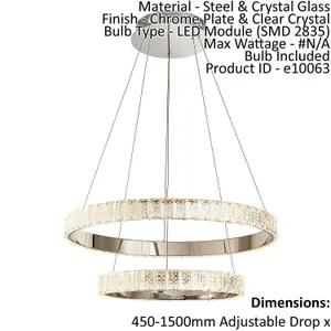 Ceiling Pendant Light Chrome & Clear Crystal 2 x 22.5W LED Bulb Included