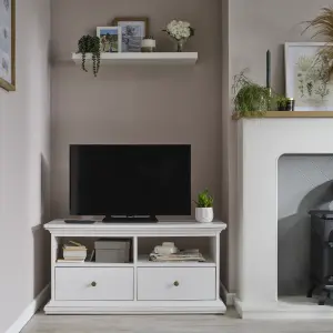 Paris White TV stand with 2 shelves, (H)50.7cm x (W)102cm x (D)41.6cm