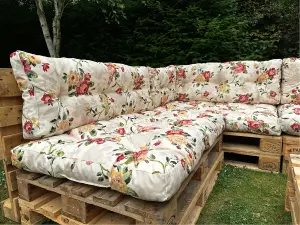 Pallet Cushion Set Corner Sofa Garden Outdoor 2x2.4m Floral Tufted Quilted Pads