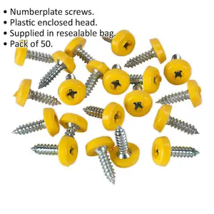 Yellow Numberplate Screws - 50 Pack, 4.8 x 18mm Plastic Enclosed Head Fixings