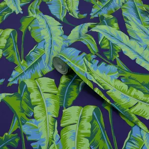 Contour Navy Palm leaves Smooth Wallpaper