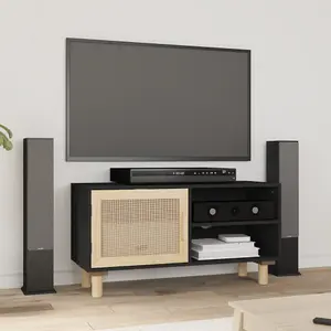 Berkfield TV Cabinet Black 80x30x40 cm Solid Wood Pine and Natural Rattan