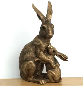 Large (25.5cm /10" high) bronze effect sitting Hare with Baby figurine from the Leonardo Reflections Bronzed range, gift boxed.