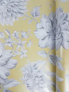 Crown Lucia Floral Yellow / Grey Metallic Flat Surface Washable Wallpaper M1550