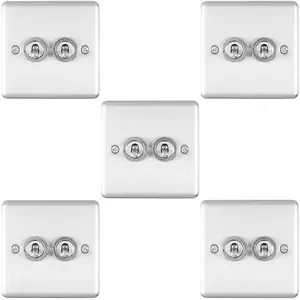 5 PACK 2 Gang Double Retro Toggle Light Switch SATIN STEEL 10A 2 Way Wall Plate