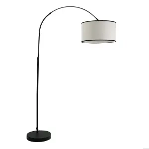 ValueLights Louis Black Metal Arched Floor Lamp with Linen Black Trim Drum Shade and LED Bulb