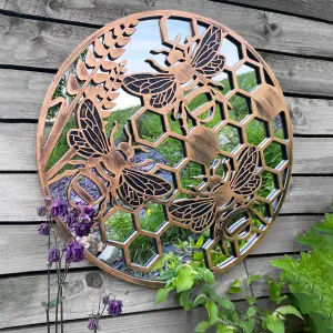 Honey Bees Round Tree of Life Style Outdoor Garden Copper Wall Mirror Great Memorial or Wedding Gift Decor