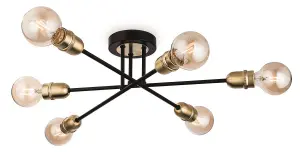 Luminosa Trident 6 Light Multi Arm Semi Flush Light Black with Brushed Brass, E27