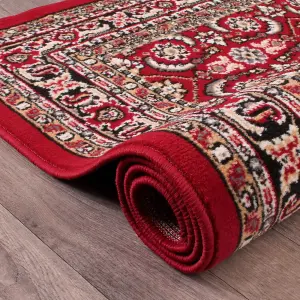 Red Traditional Floral Bordered Rug Easy to clean Dining Room-67cm X 200cm